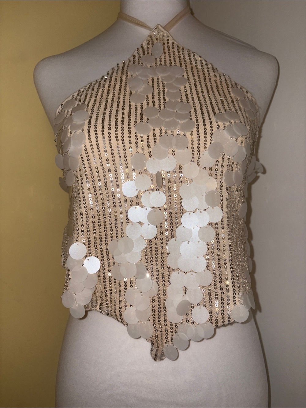 Beige Sequin Halter Camisole